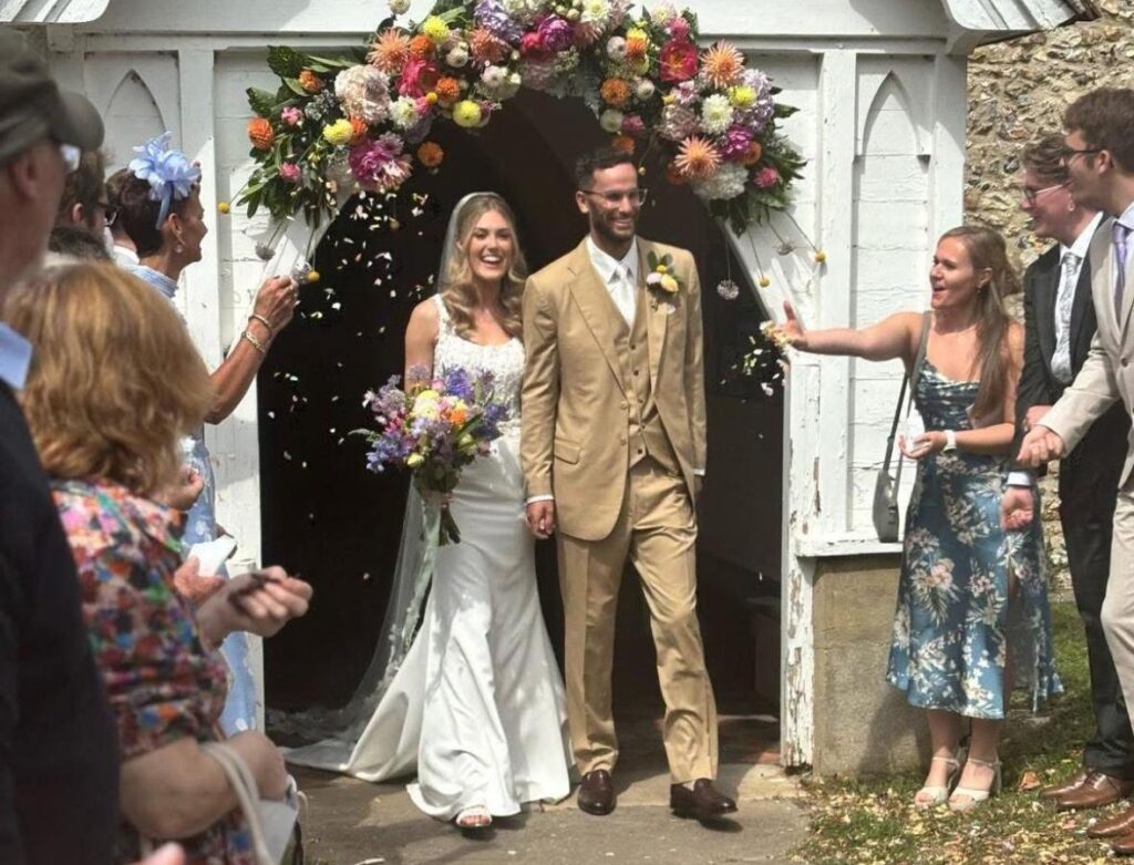 Bespoke 3 Piece Beige Suit Worn By Groom On Wedding Day