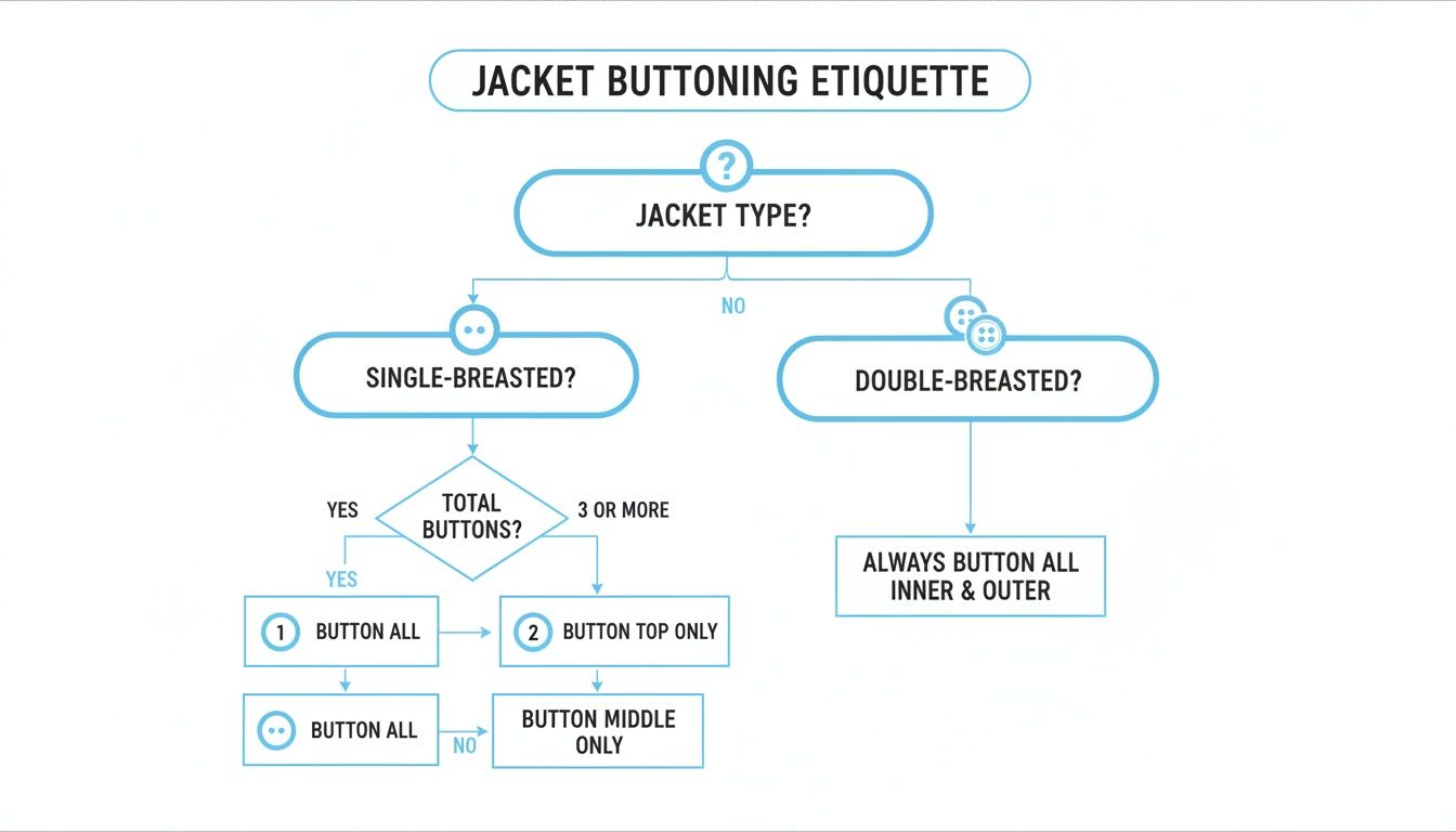 Flowchart illustrating proper jacket buttoning etiquette for single-breasted and double-breasted jackets.