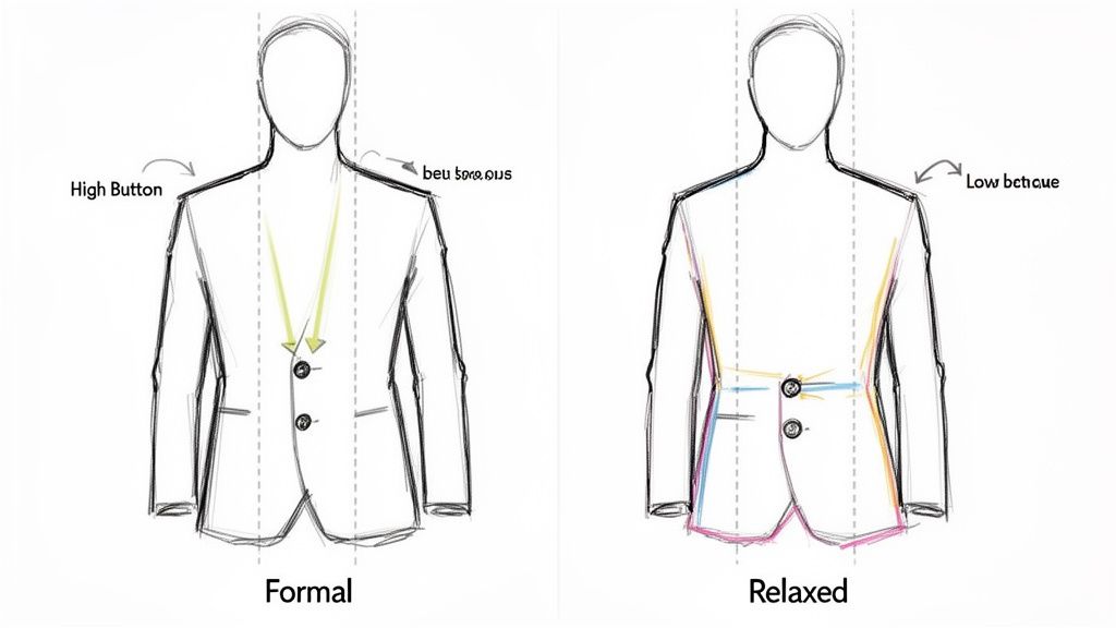 Comparison of formal and relaxed men's jacket styles, highlighting high button placement for formal and low button for relaxed fit.