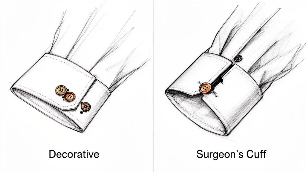 Detailed illustrations comparing two types of jacket cuffs: decorative and functional surgeon's cuffs with buttons.