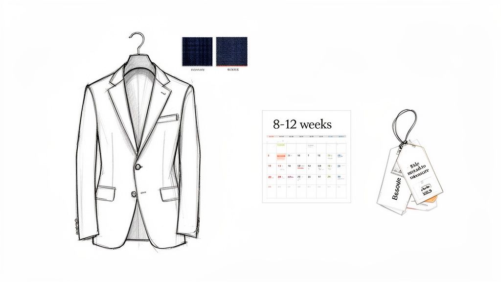 A visual guide to custom suit tailoring, featuring a jacket sketch, fabric, timeline, and labels.