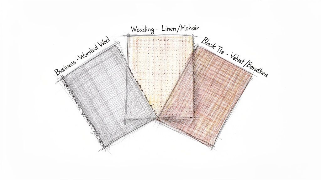 Three hand-drawn fabric swatches labeled Business, Wedding, and Black Tie, showing Worsted Wool, Linen/Mohair, and Velvet/Barathea.