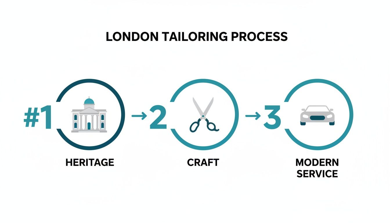 Visual representation of the London tailoring process, detailing heritage, craft, and modern service steps.