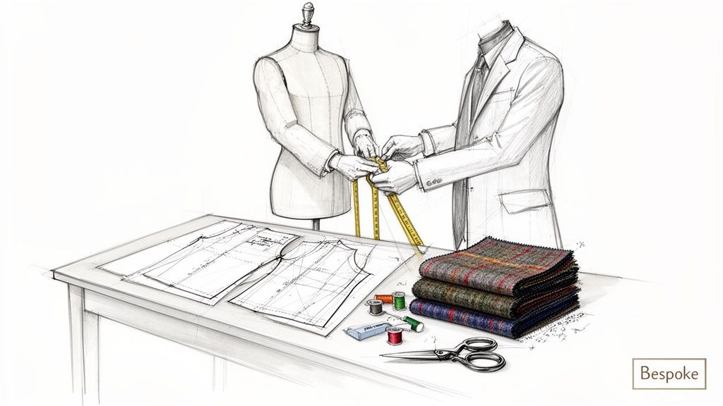 A detailed sketch of a tailor measuring a dress form, surrounded by patterns, fabrics, and sewing tools.