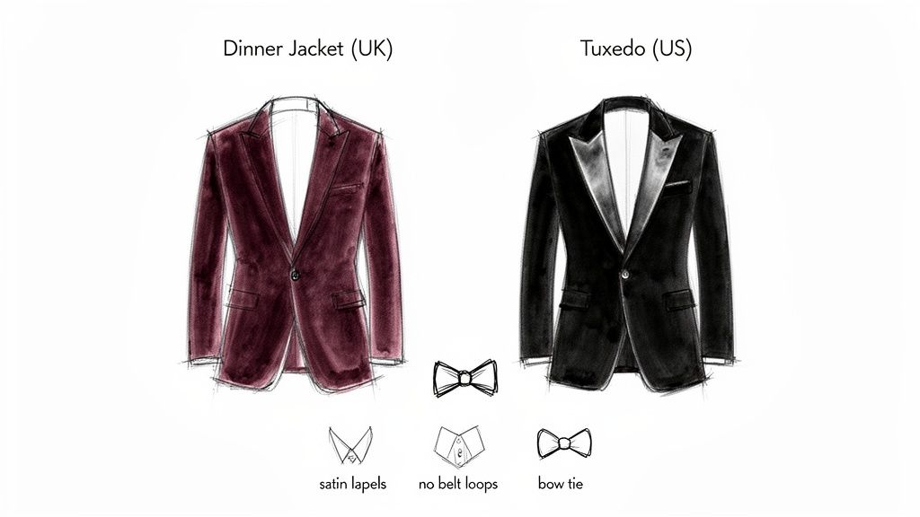 An illustration comparing a UK dinner jacket (burgundy) and a US tuxedo (black), highlighting satin lapels, no belt loops, and a bow tie.
