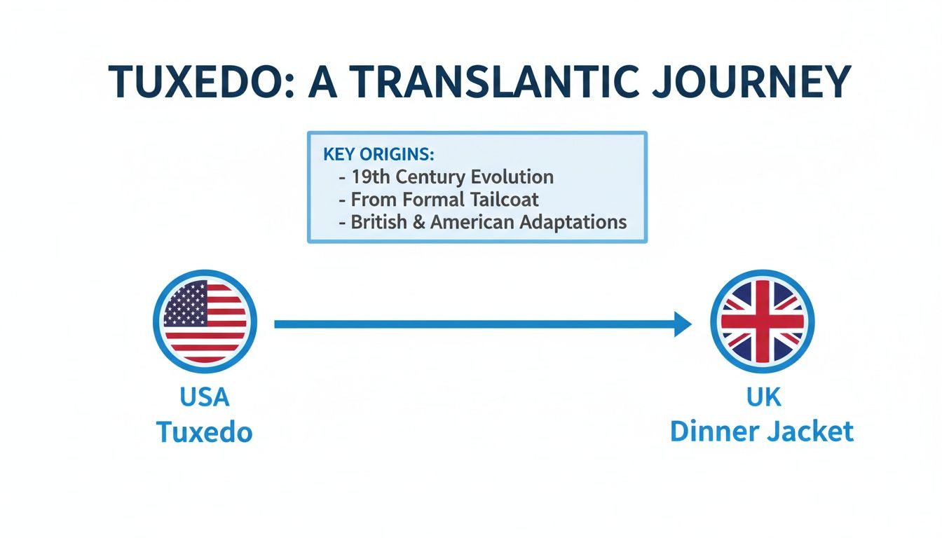 Diagram showing the transatlantic journey of the tuxedo, originating from a formal tailcoat and adapted in the USA and UK as a dinner jacket.