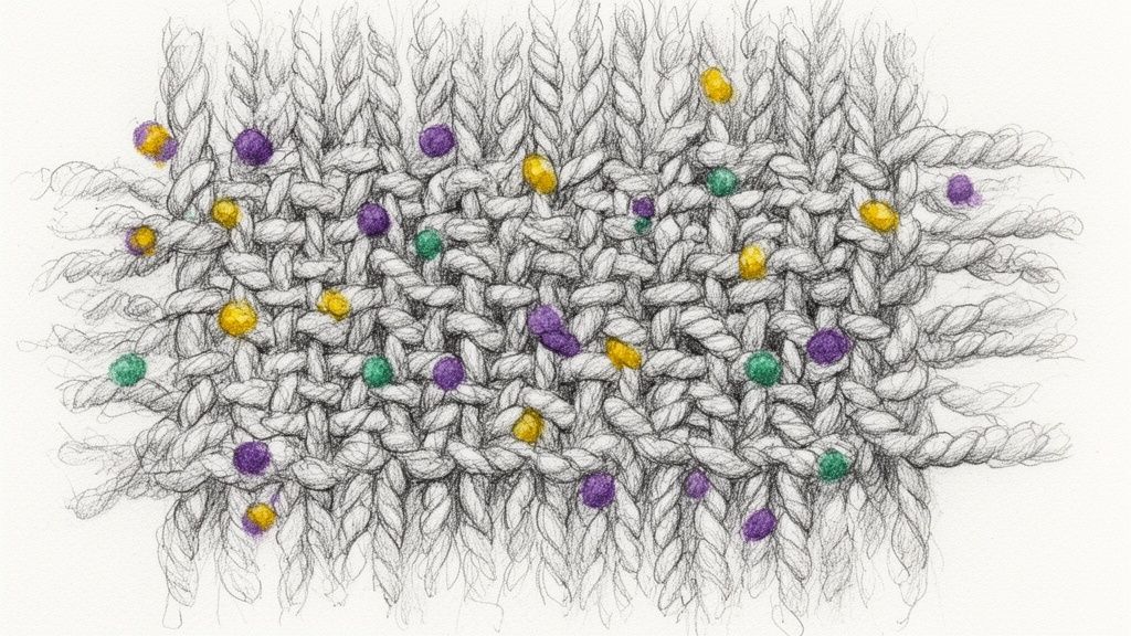 Hand-drawn illustration of gray knitted fabric with colorful yellow, purple, and green flecks.
