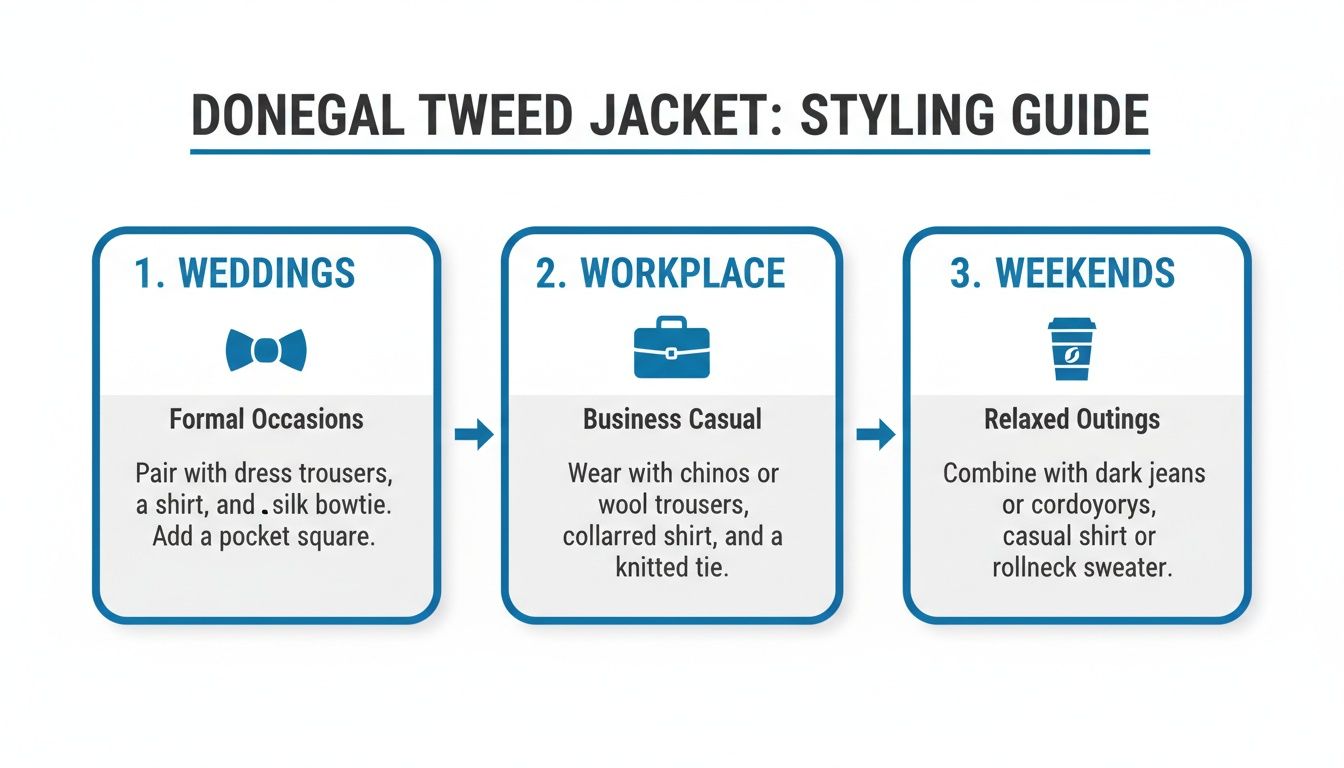 A styling guide for Donegal Tweed Jacket showing outfit ideas for weddings, workplace, and weekends.