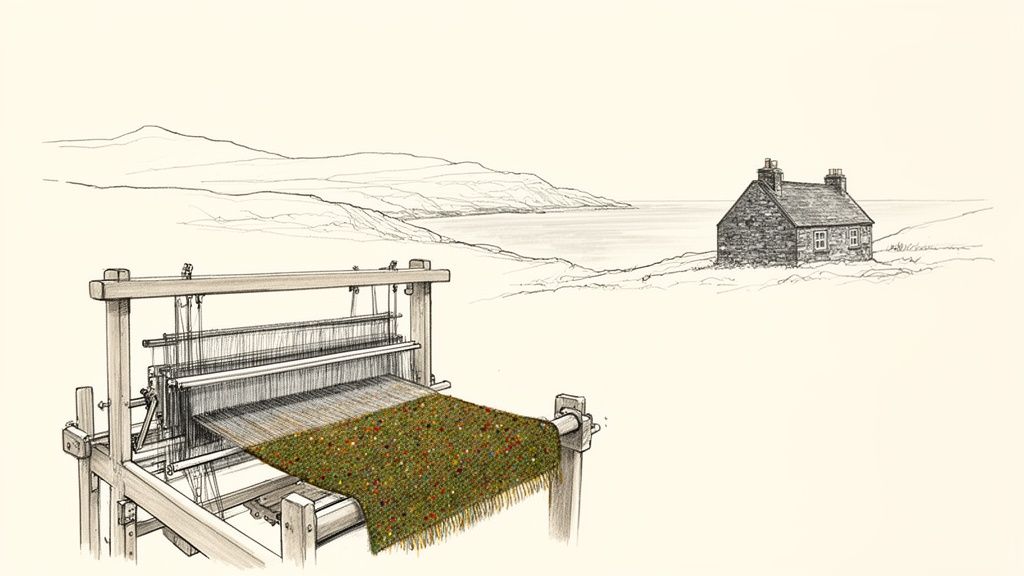 A hand loom weaving colorful Donegal tweed fabric with a stone cottage by the sea.