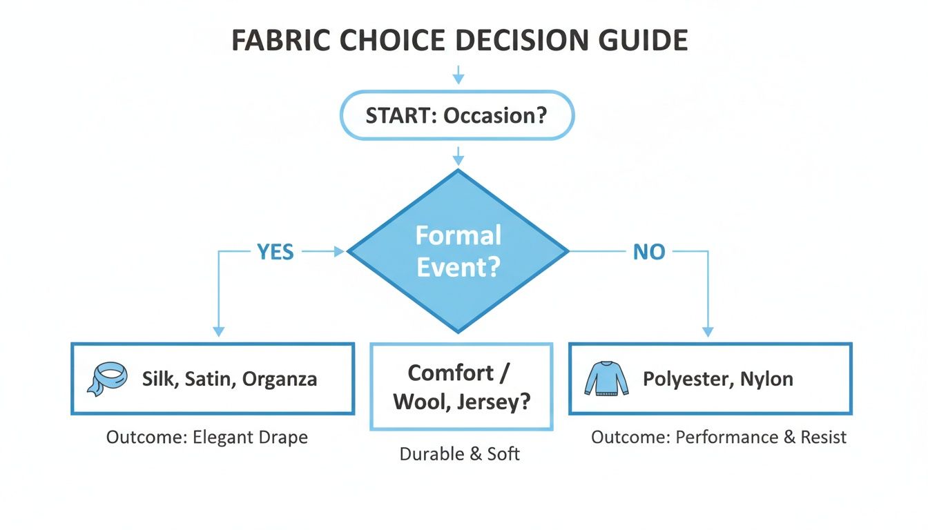 Flowchart guiding fabric selection: Formal occasions use silk, satin; other choices include wool, jersey for comfort, or polyester for performance.