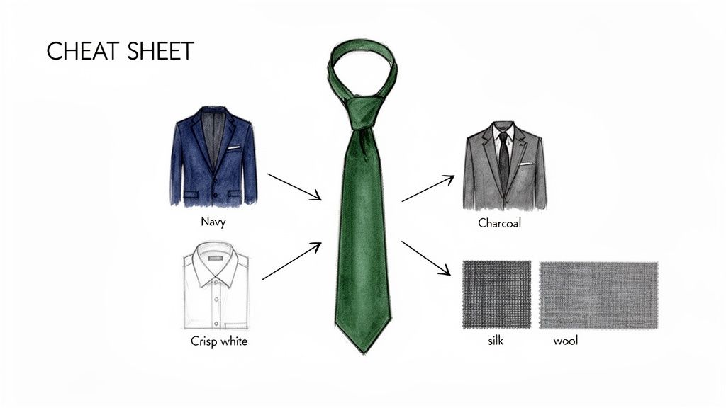 A cheat sheet with illustrations showing how to style a forest green tie with navy and charcoal suits, and a crisp white shirt.