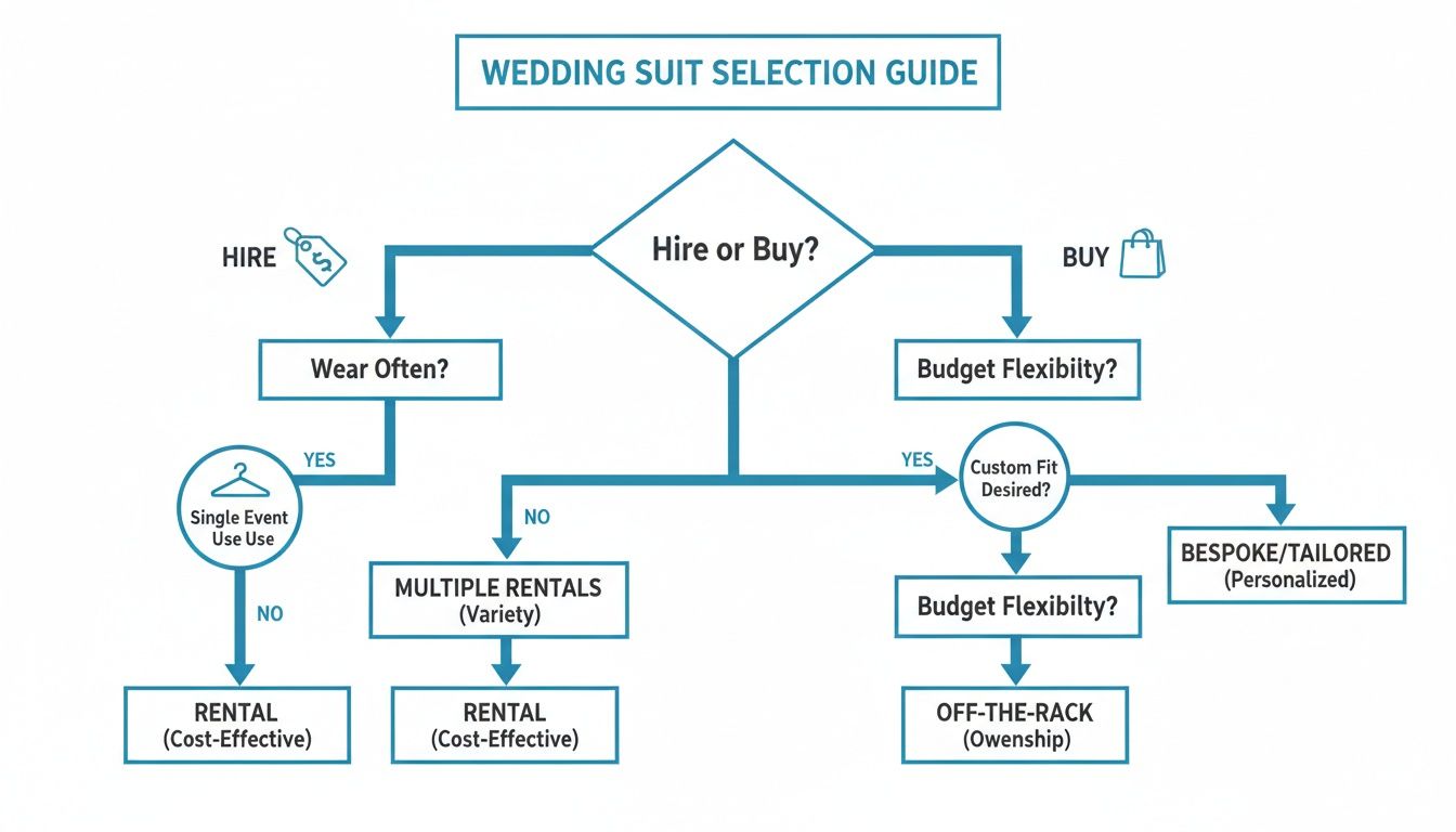 Flowchart guiding the decision on whether to hire or buy a wedding suit based on various factors.
