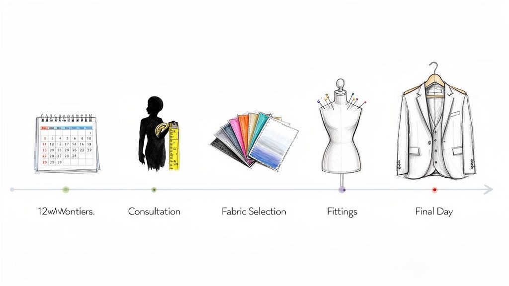 Timeline illustrating the custom suit tailoring process with icons for each step.