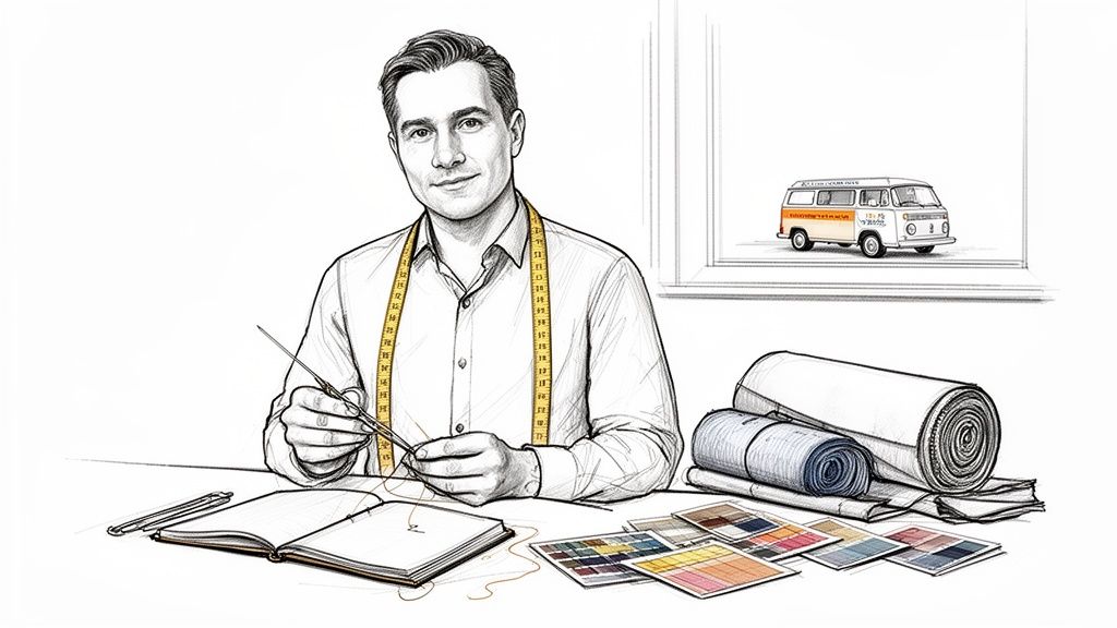 An illustration of a male tailor with measuring tape, working at a desk with fabric, swatches, and tools.