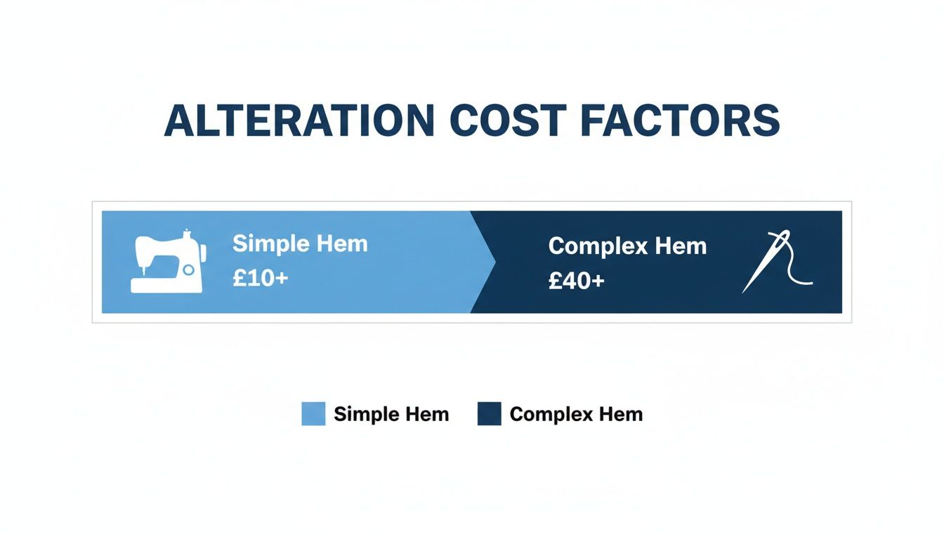 Infographic showing alteration cost factors for simple hem (£10+) and complex hem (£40+).