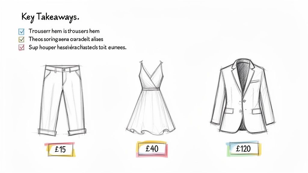 Sketches of trousers, a dress, and a blazer with their respective prices: £15, £40, £120.