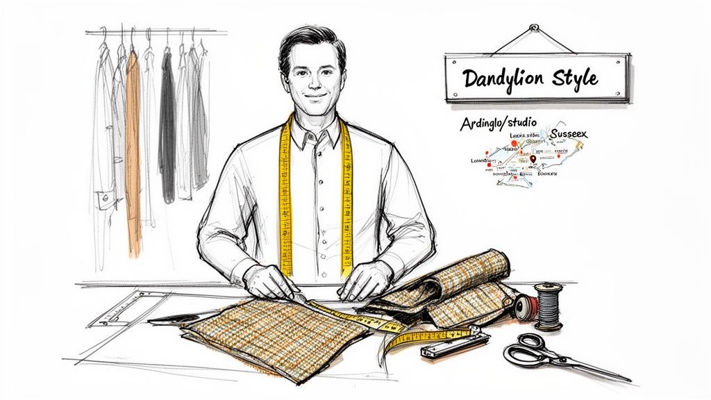 An illustration of a professional tailor measuring fabric on a workbench surrounded by sewing tools and clothing.