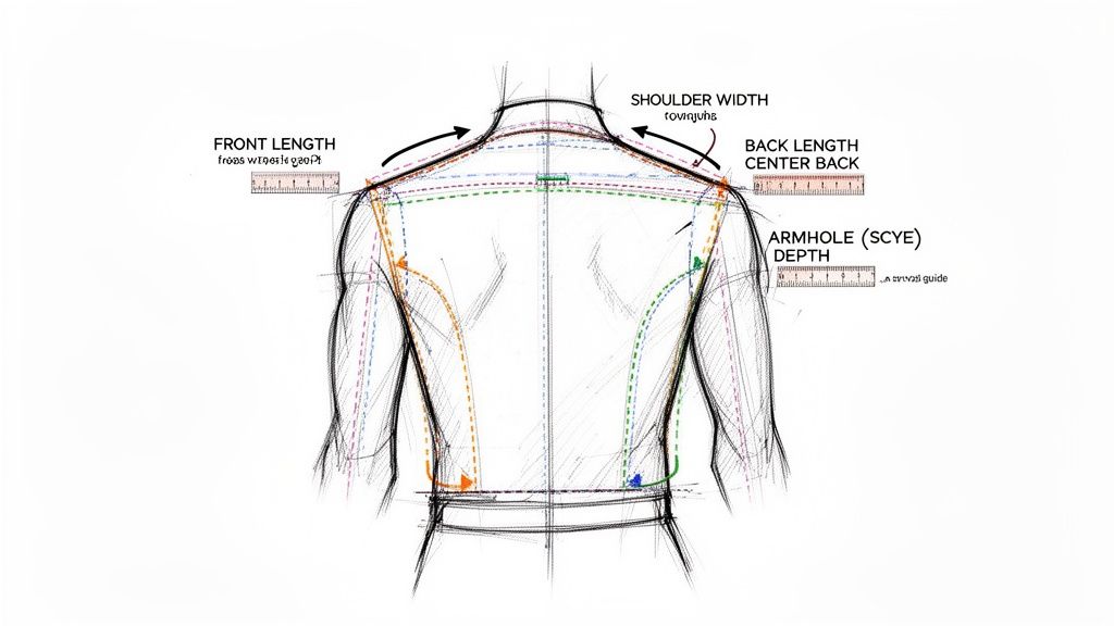 Diagram showing garment measurements on a torso, including front length, shoulder width, back length, and armhole depth.