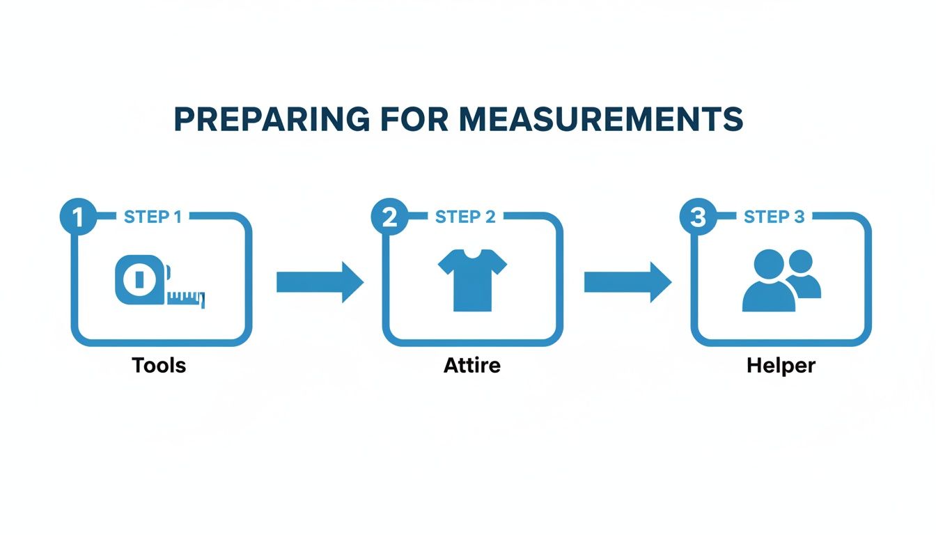 Infographic showing three steps for preparing for measurements: tools, attire, and helper.