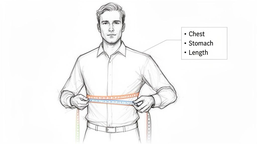Sketch of a man using a tape measure to take his waist or stomach measurement.