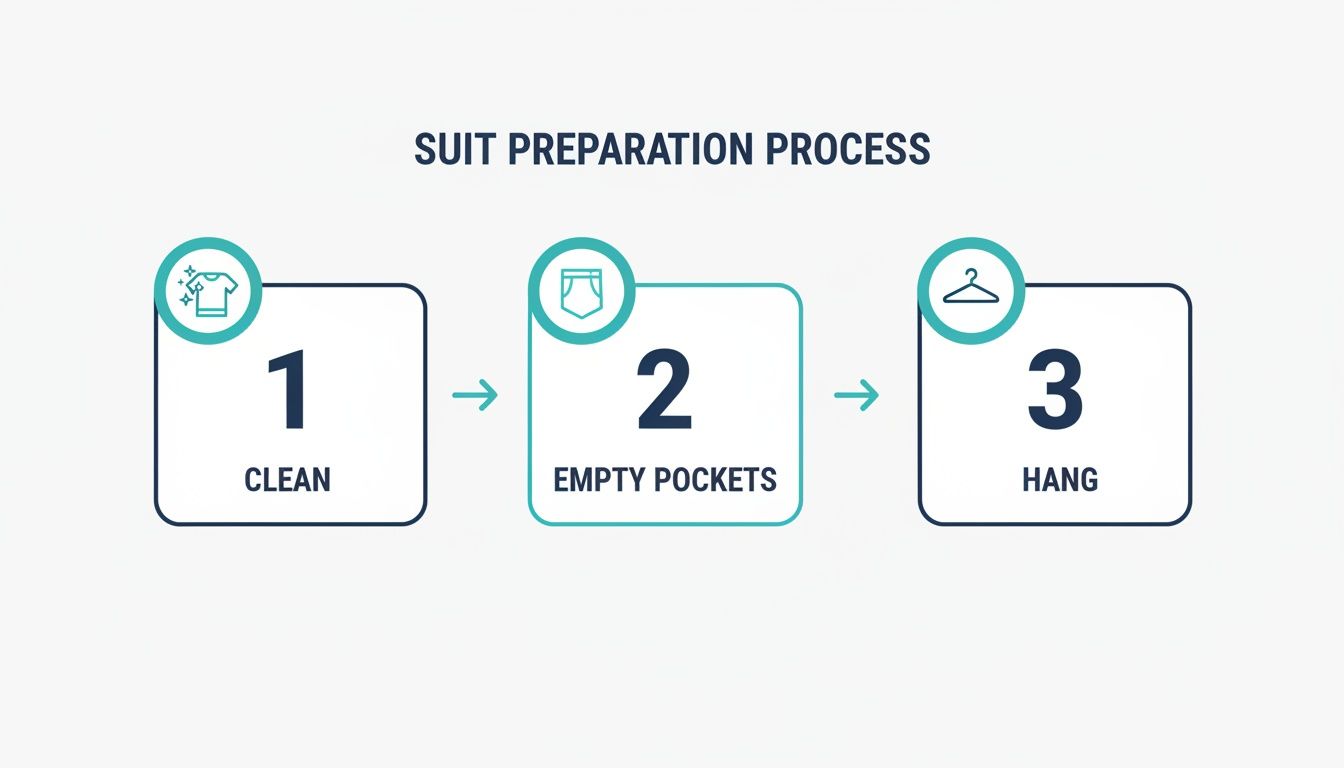 A three-step infographic showing the suit preparation process: clean, empty pockets, and hang.