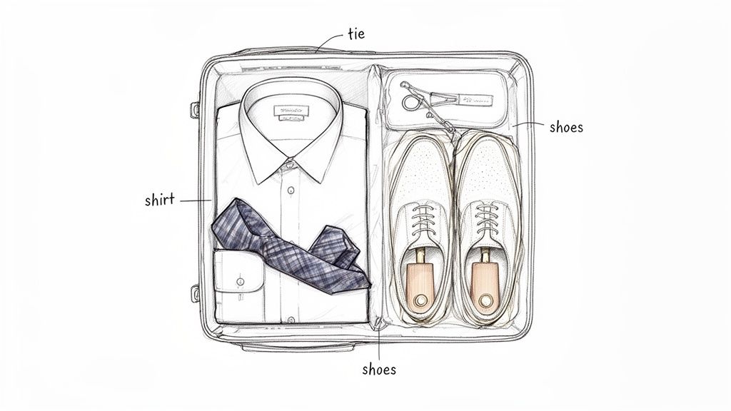Overhead view of a suitcase with a neatly folded white shirt, plaid tie, and two white shoes with shoe trees.