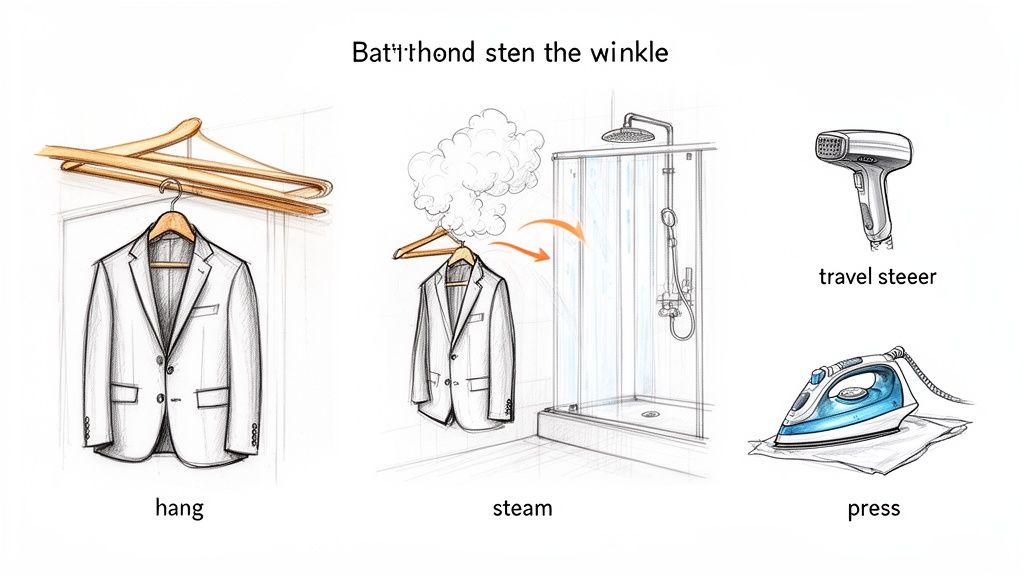 Guide illustrating how to remove wrinkles from a suit jacket using hanging, steaming, and pressing techniques.