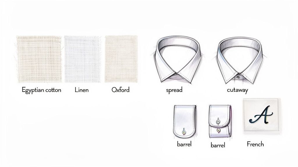 Visual guide showing various shirt fabrics like Egyptian cotton, linen, Oxford, collar styles like spread and cutaway, and cuff options including barrel and French.