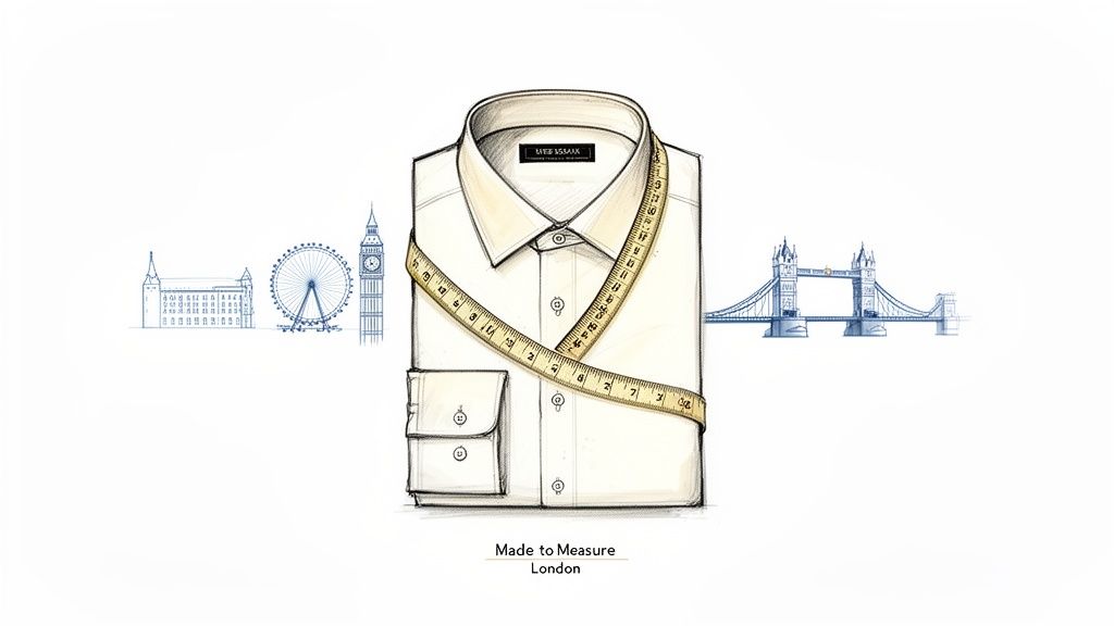 Illustration of a made-to-measure shirt with a tape measure, featuring London's famous landmarks.