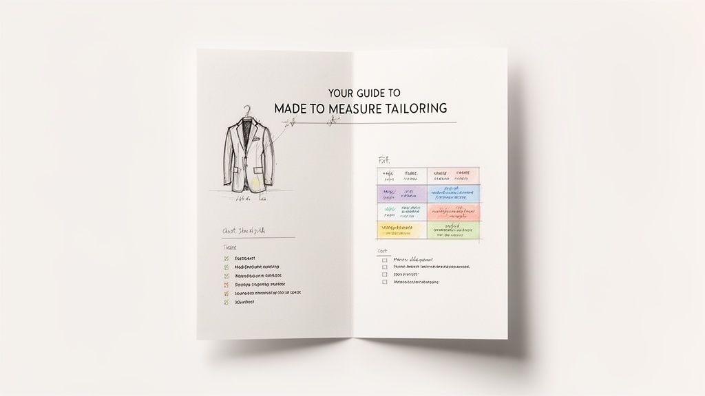 An open guide booklet about made-to-measure tailoring, showing a suit sketch, fit, and cost details.