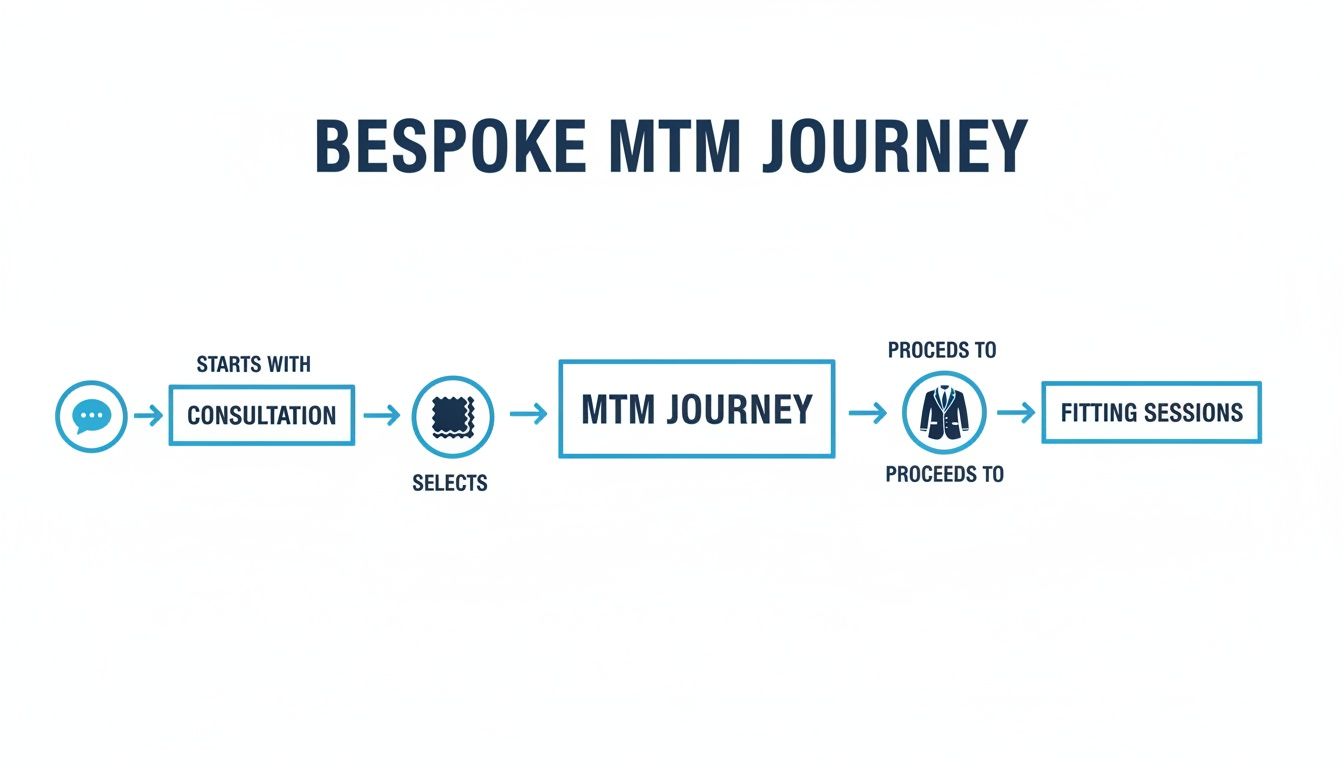 Flowchart illustrating the bespoke made-to-measure tailoring journey from consultation to fitting sessions.