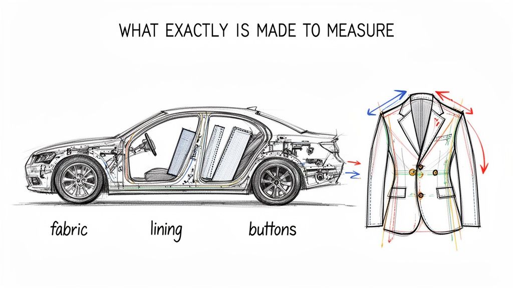 Illustration defining made-to-measure by contrasting a standardized car with a custom-fitted suit jacket.