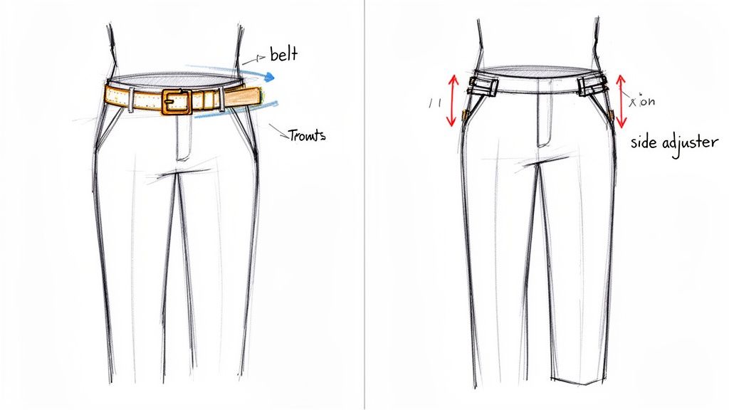 Sketches of men's trousers, one illustrating a belt and the other depicting side adjusters.
