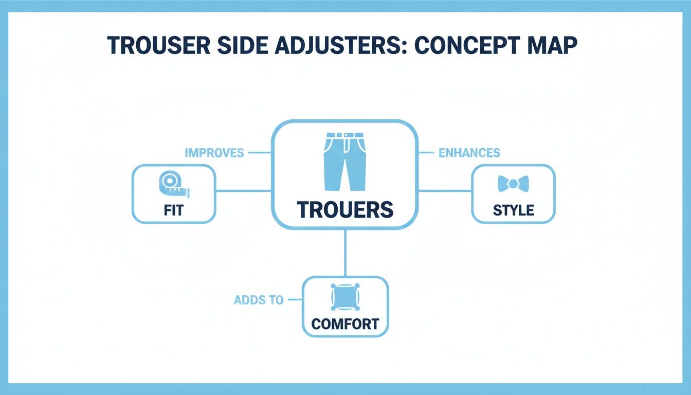 A concept map illustrating how trouser side adjusters improve fit, enhance style, and add to comfort.