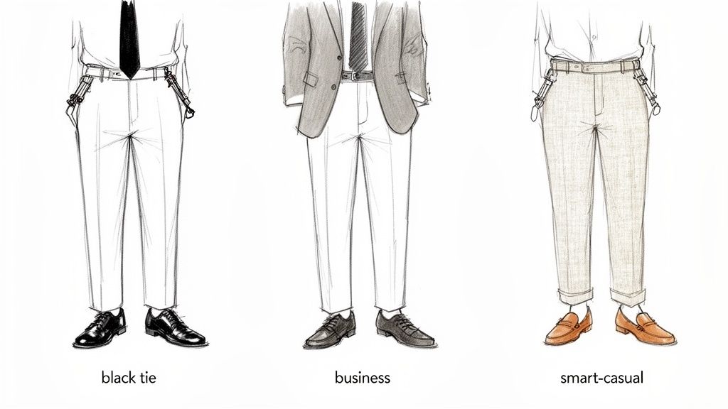 Three illustrated men's trouser styles with side adjusters for black tie, business, and smart-casual dress codes.