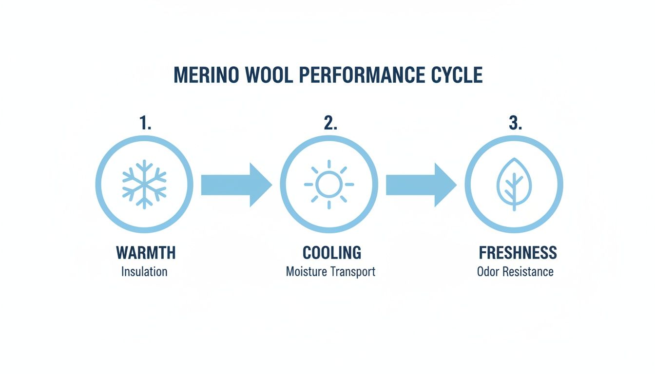 Infographic showing Merino wool's performance cycle: warmth, cooling, and freshness with relevant icons.