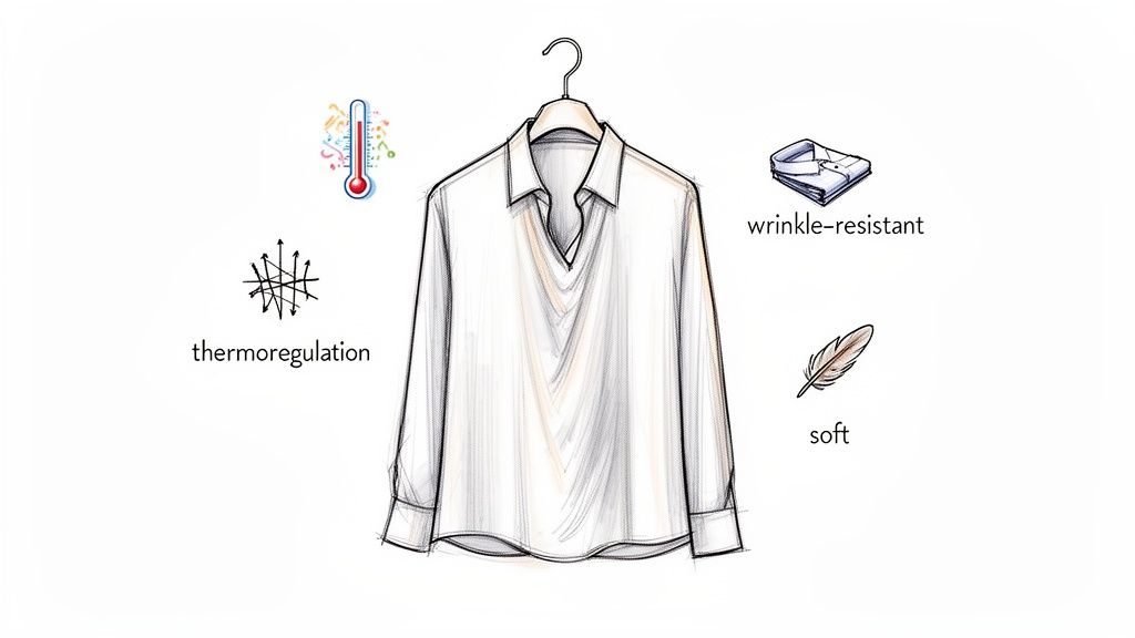 A white long-sleeved shirt on a hanger, illustrating thermoregulation, wrinkle-resistant, and soft properties.
