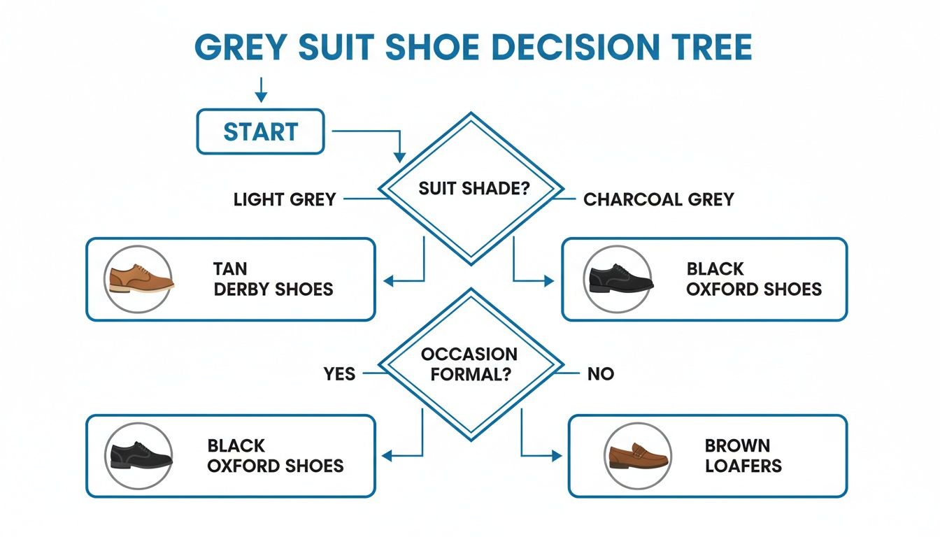 Flowchart for choosing the correct shoe style and color for a grey suit based on shade and formality.