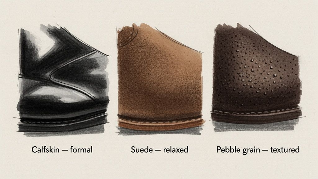 Three illustrations of shoe materials: Calfskin (formal), Suede (relaxed), and Pebble grain (textured).