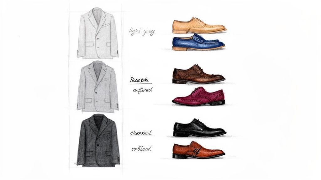 Illustration demonstrating shoe color pairings with light grey, buck/oxford, and charcoal suits.