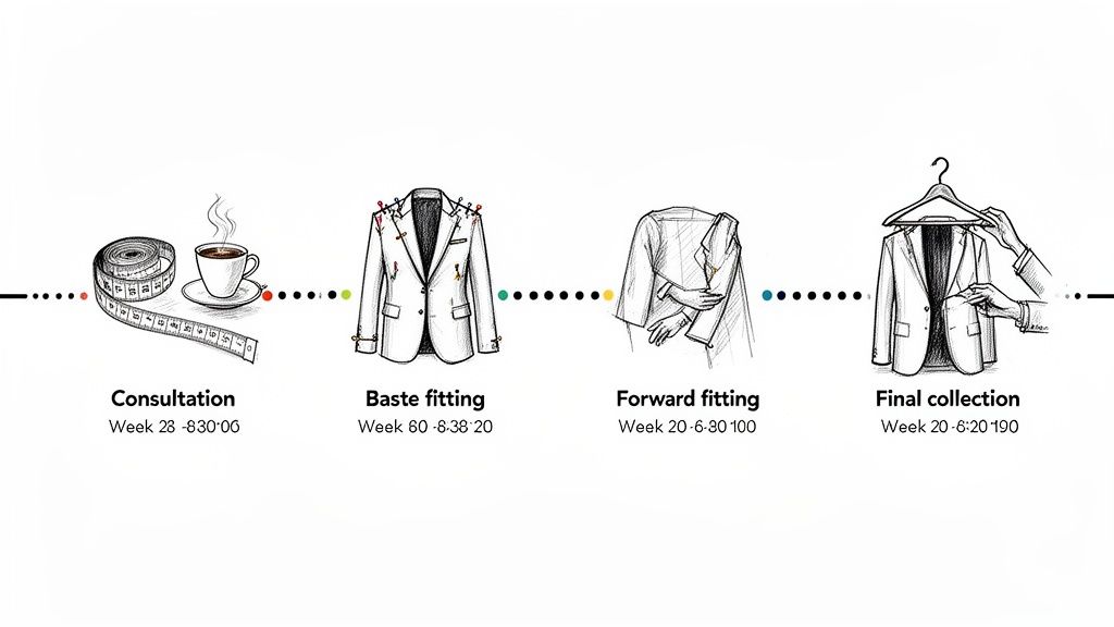Illustrated timeline showing the four steps of creating a custom tailor-made suit.