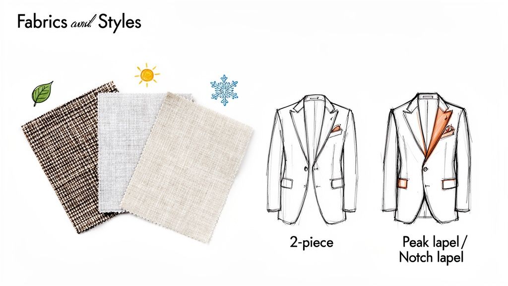 Fabric swatches for different seasons alongside illustrations of 2-piece suits with various lapel styles.