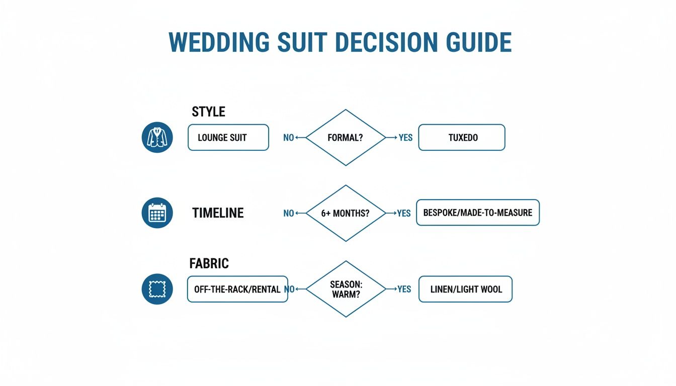 A wedding suit decision guide flowchart showing choices for style, timeline, and fabric.