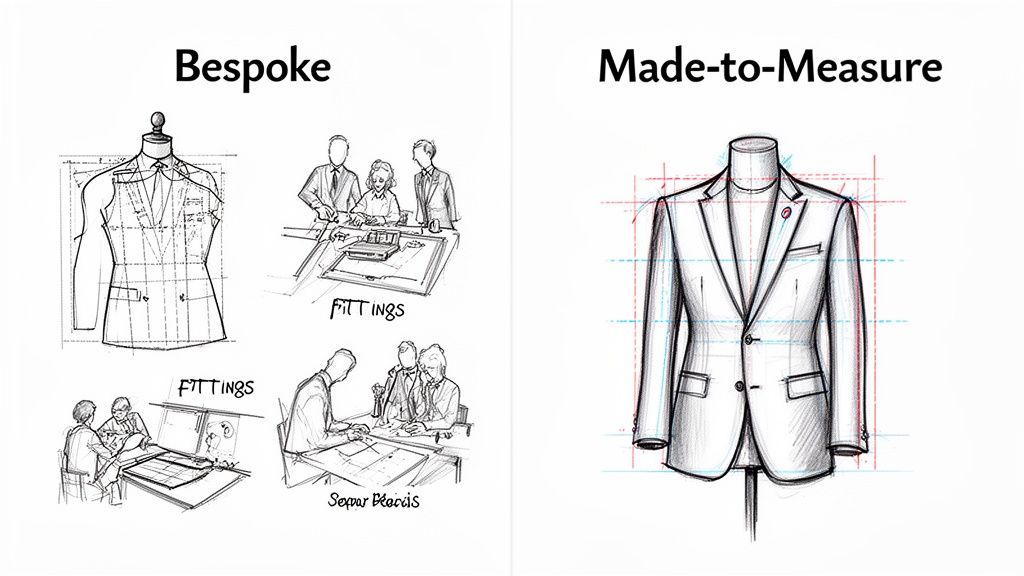 Illustrates the detailed processes of bespoke and made-to-measure tailoring, showing custom patterns and fittings versus adapted patterns.