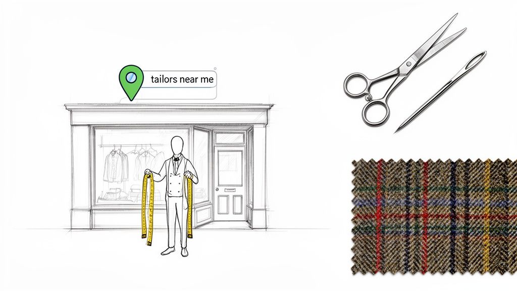 Illustration of a tailor's shop with a location pin, a tailor, scissors, a needle, and fabric swatch.