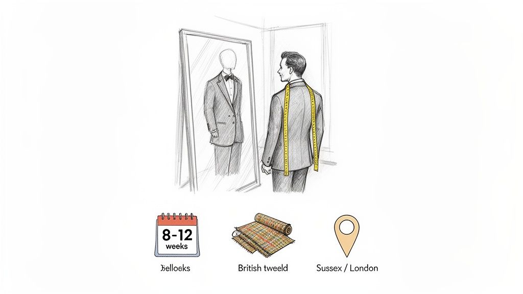 A man getting a custom tweed suit fitted, looking in a mirror. Icons highlight tailoring time, fabric, and location.