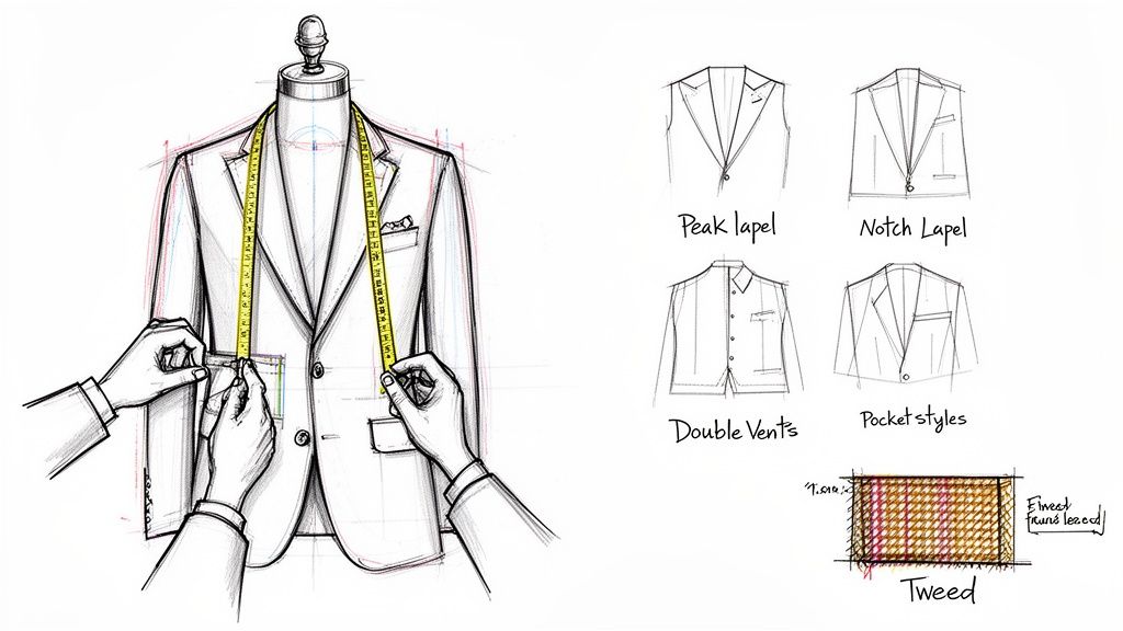 A tailor measures a suit jacket on a mannequin, with illustrations of lapel styles, vents, pockets, and tweed fabric.