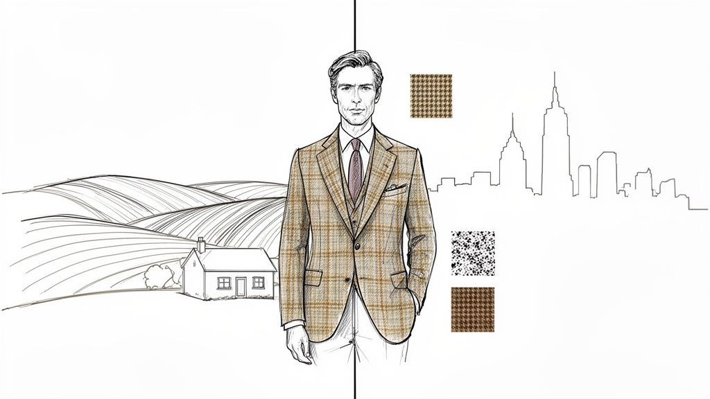 Illustration of a man in a brown tweed suit, contrasting rural hills with an urban skyline.