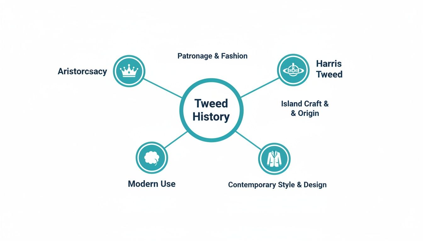 A mind map illustrating Tweed History, covering its origins in aristocracy, Harris Tweed, modern use, and contemporary style.
