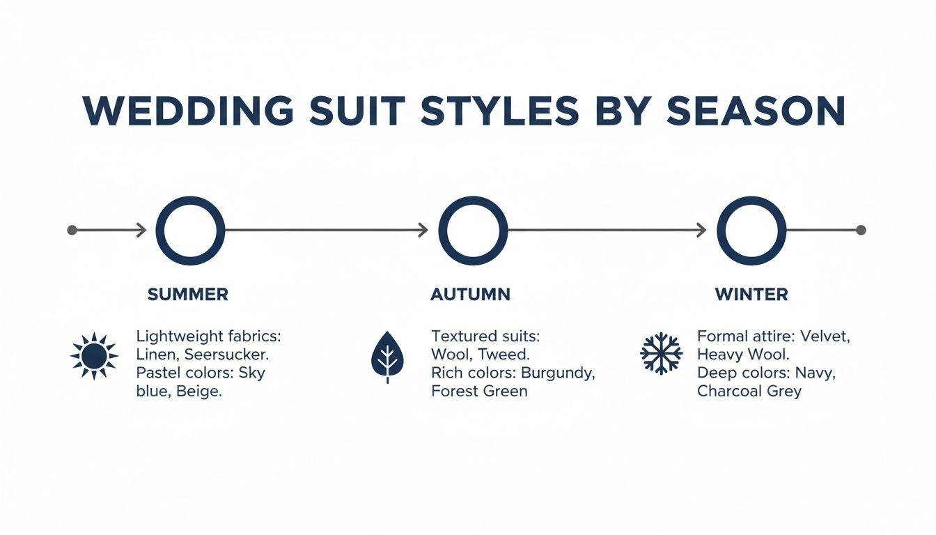 Wedding suit styles by season, detailing fabric and color recommendations for summer, autumn, and winter.